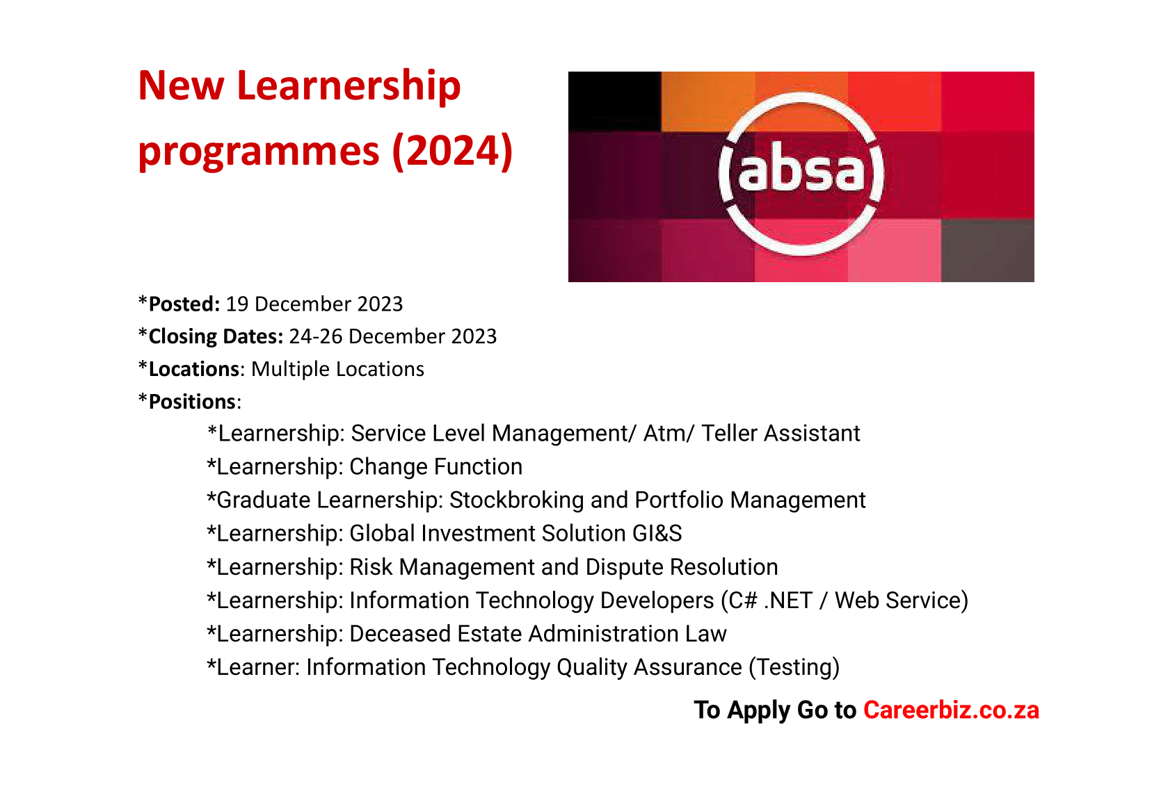 ABSA Learnerships 2024 Jobs available for you!